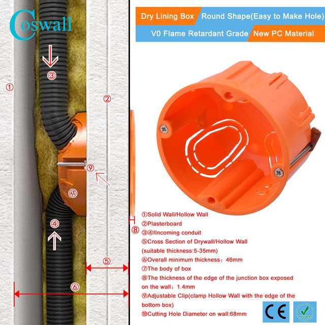 Coswall Feuerfeste PC-Hohlraum-Trockenfutterbox für Gipskarton und Trockenbau, Farbe: Orange, Tiefe: 4,7 cm - Bild 1