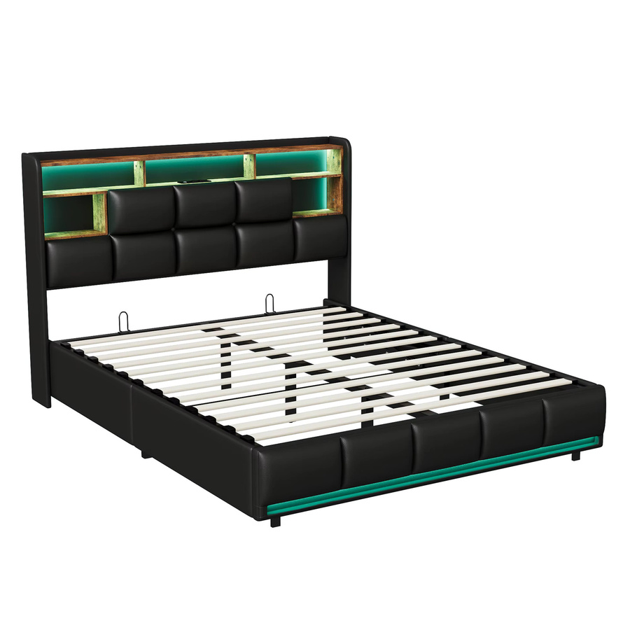 Comanlai Hydraulisches Polsterbett mit Stauraum, USB-Ladestation und LED-Beleuchtung, Farbe: Schwarz, B/T: 140 x 200 cm - Bild 5