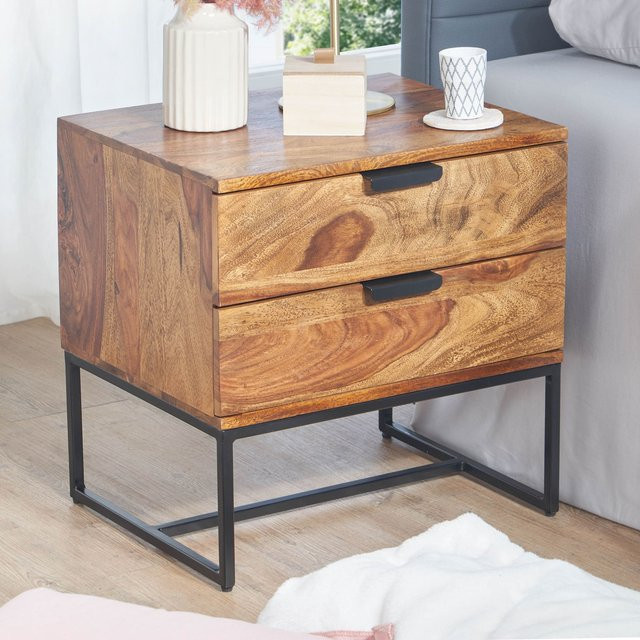 Finebuy Nachttisch aus Sheesham Massivholz in Braun im Industrial Design mit Schubladen, B/T/H: 40 x 40 x 51 cm - Bild 1