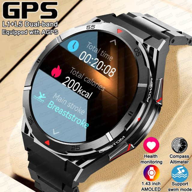 GUHUAVMI Outdoor Smartwatch für Männer mit integriertem GPS, 1,43 Zoll AMOLED Display, Kompass und Bluetooth Anruffunktion, 3ATM Wasserdicht, Schwarz/Silber - Bild 1
