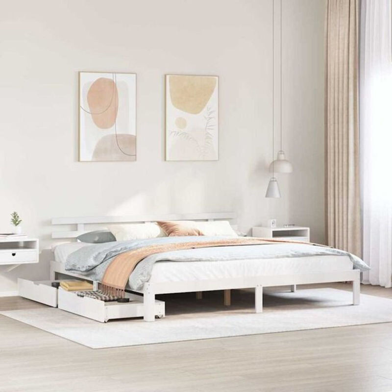 Massivholzbett Vidaxl aus Kiefer mit Schubladen in Weiß, B/T/H: 200 x 203,5 x 69,5 cm - Bild 1
