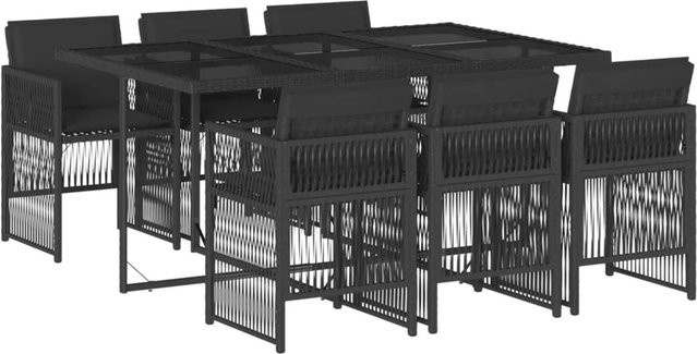 vidaXL 7-teilige Garten-Essgruppe aus schwarzem PE-Rattan mit Kissen und Hartglas-Tischplatte - Bild 1