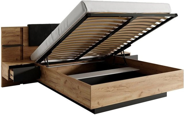 Bett Elynia mit Bettkasten in Anthrazitgrau und Naturfarben Hell, B/T: 140 x 190 cm - Bild 1