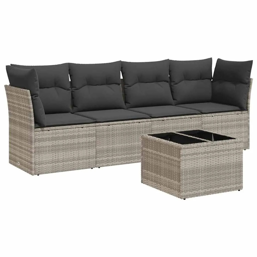 vidaXL 5-teilige Garten-Sofagarnitur aus Polyrattan in Hellgrau mit Tisch und Polsterkissen inklusive Stauraum - Bild 2