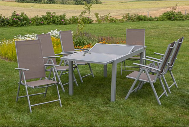 Merxx Tischgruppe Amalfi 7-teiliges Gartenmöbel-Set aus Aluminium und Glas in Beige mit ausziehbarem Tisch B: 140 bis 200 cm, T: 90 cm, H: 74 cm - Bild 1