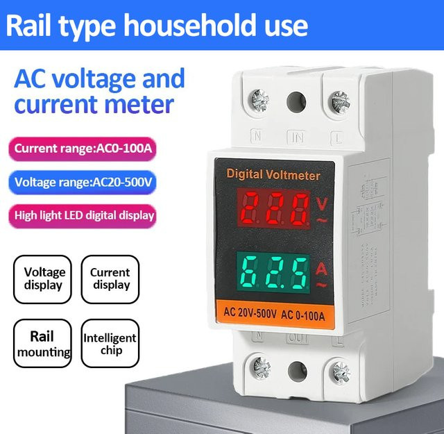 TELEHILL LCD Dual Digital Din Rail Strommessgerät AC Voltmeter Amperemeter Energie Meter in Weiß (AC 60-500V, AC 0-99,9A) - Bild 1