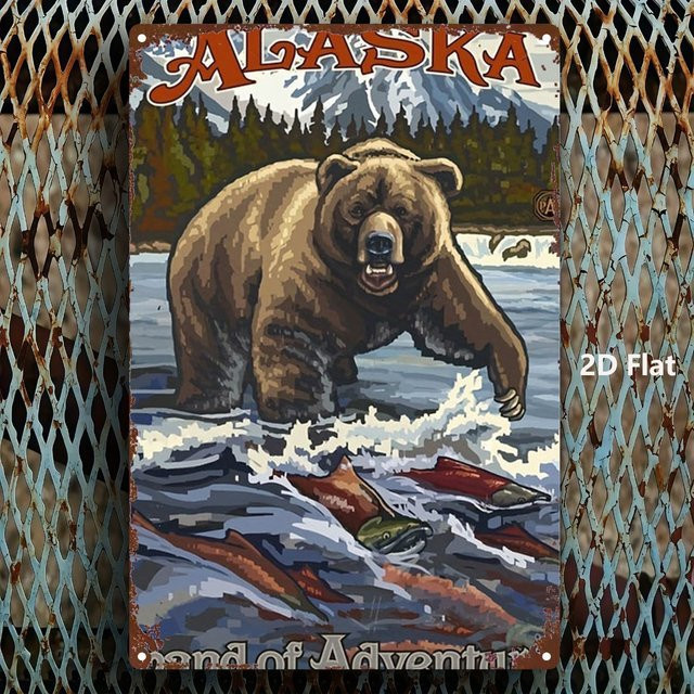HELLOYOUNG Metallschild Alaskan Brown Bear Fishing Retro Wandkunst für Home Bar und Garage, Mehrfarbig, Rechteckig, 30,0 x 20,0 cm - Bild 1