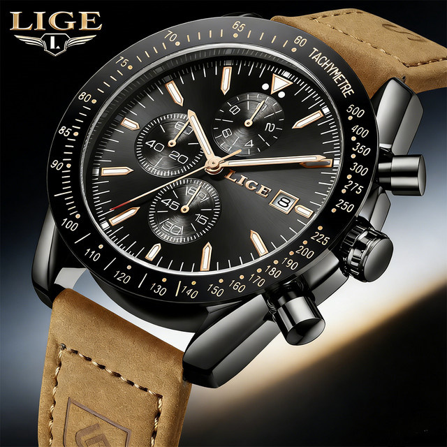 LIGE Armbanduhr Quarz, Leder, Herren - Bild 1