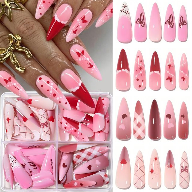 MAFANAILS Künstliche Nägel Stiletto, Rosa-Rot, Glänzend, 96 Stück - Bild 1