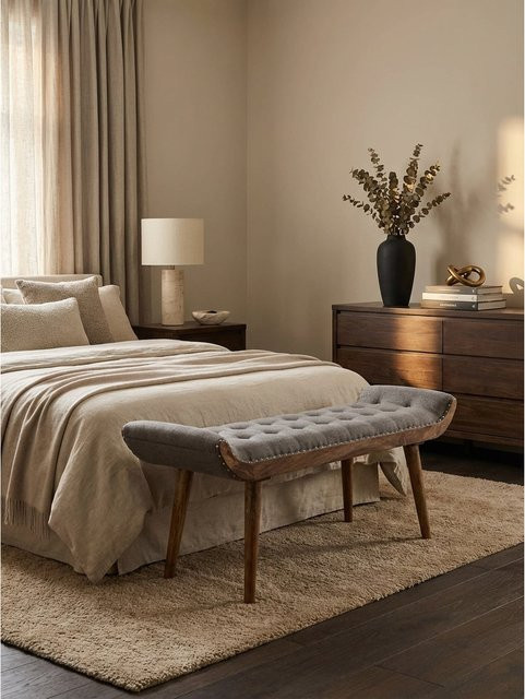 Sitzbank KADIMA DESIGN im Chesterfield-Design aus Stoff und Massivholz, Grau, B/T/H: 125 x 51 x 38 cm - Bild 1