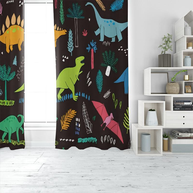 2er-Set Yiran Furniture Vorhänge mit Anime Dinosaurier Motiv aus Polyester, halbtransparent, Mehrfarbig, B: 35 cm, H: 100 cm - Bild 2