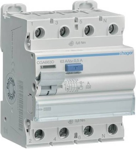 Hager FI-Schutzschalter CGA663D RCD 4-polig 63A 0,5A 400V in Blau und Weiß - Bild 1
