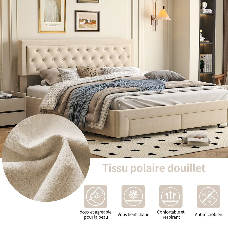 FEEOHOME Polsterbett Doppelbett in Beige mit Schubladen und Stauraum, Samt, B/T: 180 x 200 cm - Bild 3