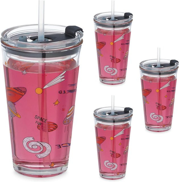 Relaxdays 4er Set Kindergläser aus Glas in Transparent mit Deckel und Strohhalm, spülmaschinenfest, H x B x T: 15 x 9 x 9,5 cm - Bild 1