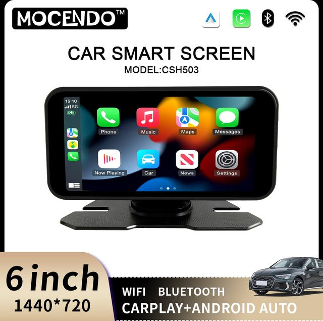 MOCENDO Tragbarer 6-Zoll Auto-Multimedia-Videoplayer mit kabellosem Carplay und Android Auto, Touchscreen, Schwarz - Bild 1