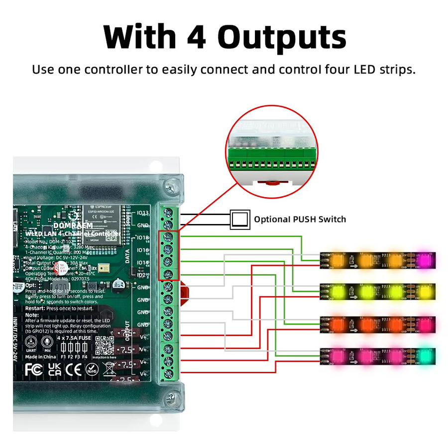 DOMRAEM 4-Kanal ESP32 Ethernet WLED-Controller für DIN-Schienenmontage mit WiFi und Musik-Sync für RGBIC WS2811/12 LED-Streifen - Bild 3