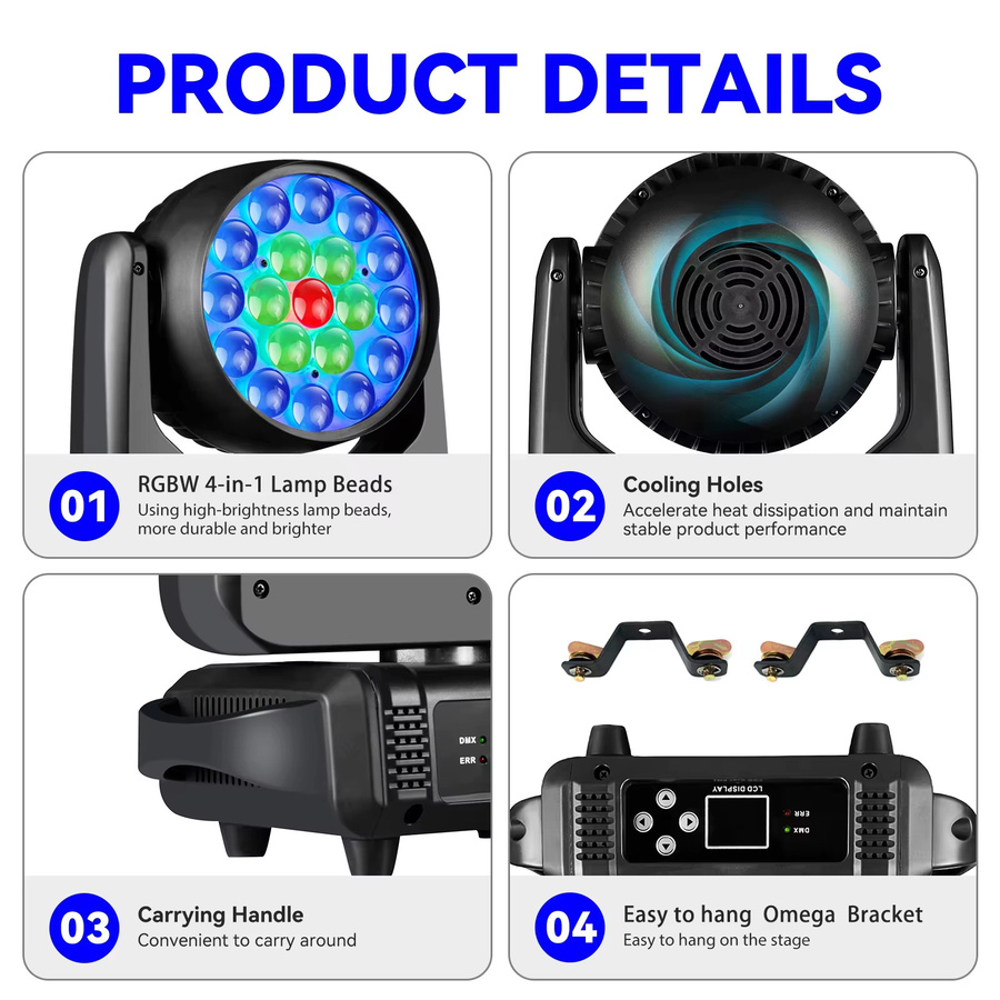 DJXFLI 2 Stück RGBW 4in1 Zoom Wash LED Moving Head Beleuchtung mit DMX512 in Schwarz - Bild 3