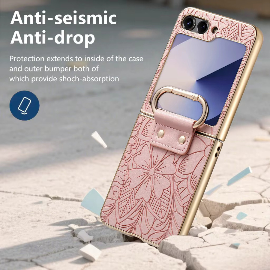 SZMUGUA Lederhülle mit geprägtem Blumenmuster und Ringhalterung für Samsung Galaxy Z Flip 7 FE, Farbe: Braun - Bild 2
