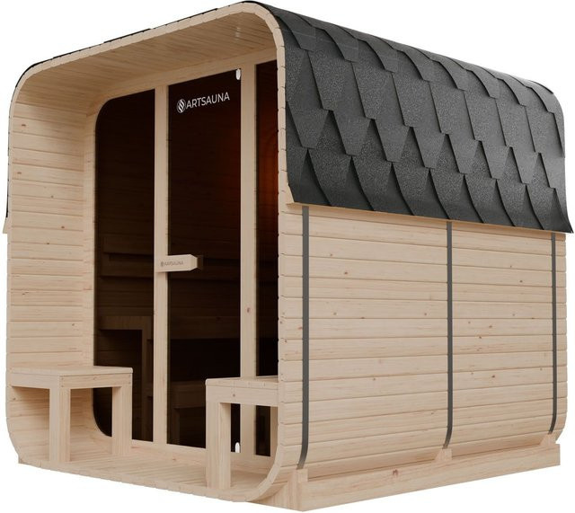 ARTSAUNA Cube Fasssauna Fjora XL Natur Outdoor Sauna Komplettset für 6 Personen mit Panorama-Sicherheitsglas Front, Bank mit Trittstufen und 9 kW Ofen in Braun - Bild 1