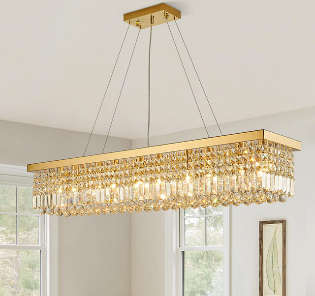 PIBAOGU Kristall-Kronleuchter als lineare LED-Pendelleuchte, 8-flammig, E14, transparent, Breite: 100 cm, Tiefe: 25 cm, Höhe: 100 cm - Bild 1