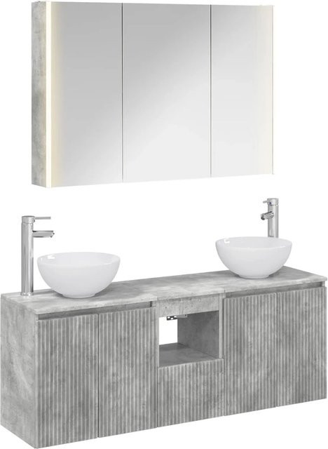 vidaXL Badezimmerschrank-Set 4-teilig in Betongrau, modern mit LED-Beleuchtung und Spiegelschrank, B/T/H: 103,5 x 15,5 x 70 cm - Bild 1