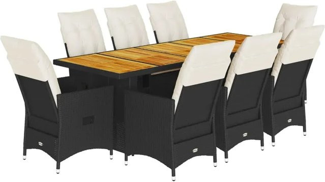 vidaXL 9-tlg. Garten-Bistro-Set aus Poly-Rattan und Akazienholz in Schwarz mit cremeweißen Kissen - Bild 1