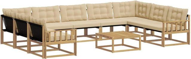 vidaXL Outdoor-Sofagarnitur aus massivem Akazienholz in L-Form mit 10-teiligem Set, Textilene und Kissen, Weiß und Beige - Bild 1