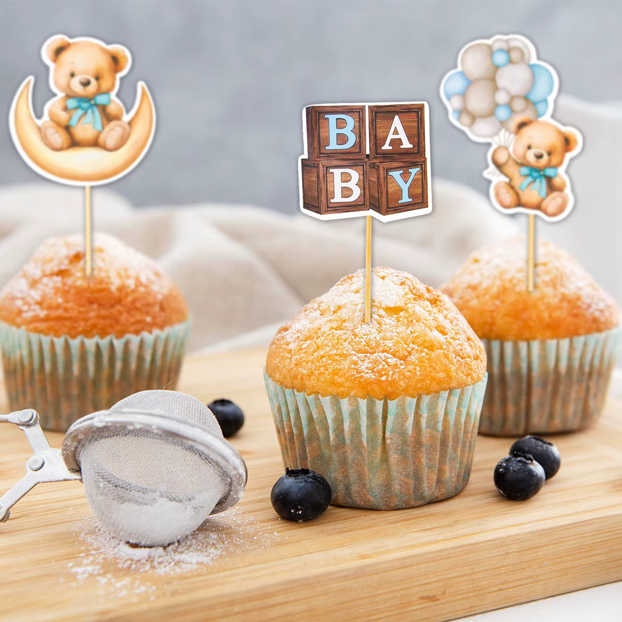 12 oder 24 Stück Bär Cupcake Topper für Baby Shower und Geburtstag, rosa und mehrfarbig, aus Papier - Bild 3