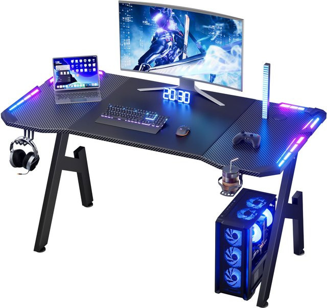 FRODROVIA RGB LED Gaming-Schreibtisch mit App-gesteuerter Beleuchtung, ergonomischer gebogener Computertisch mit Carbonfaser-Oberfläche und stabilem X-Rahmen aus Metall in Schwarz - Bild 1