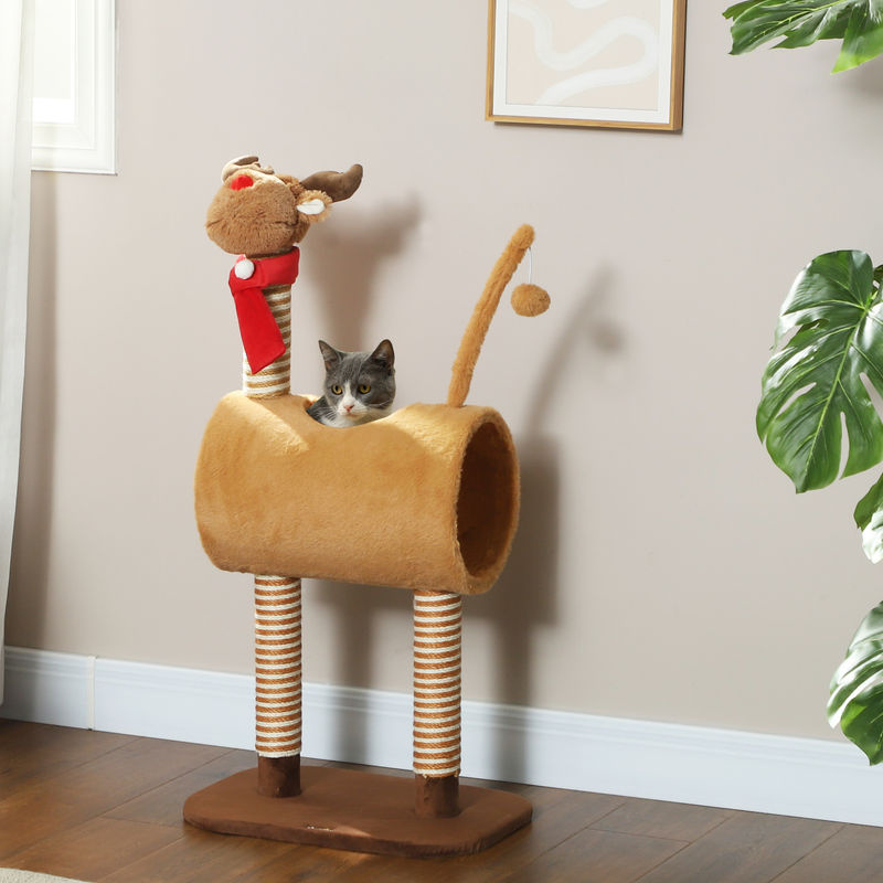 PawHut Kratzbaum im Hirschdesign mit Höhle und Spielball, Katzenkletterbaum in Braun, Höhe: 98 cm - Bild 2