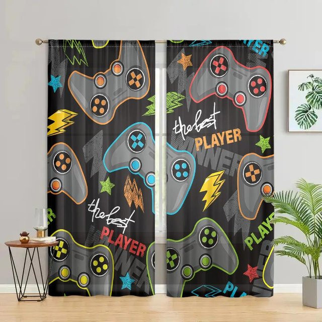 2er-Set Vorhang mit Spielcontroller- und Buchstabenmuster, halbtransparent, Mehrfarbig, B: 150 cm, H: 166 cm - Bild 1