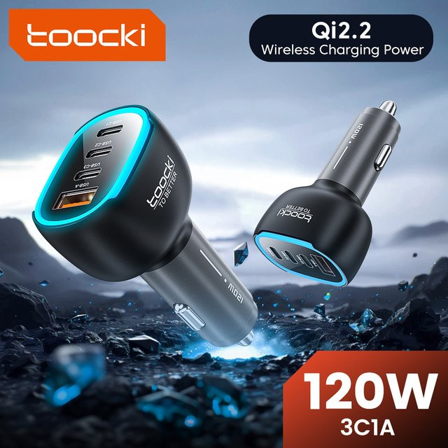 Toocki Mini-Autoladegerät 120W mit USB-C PD PPS QC Schnellladung und LED-Licht, Zinklegierung, Schwarz - Bild 1
