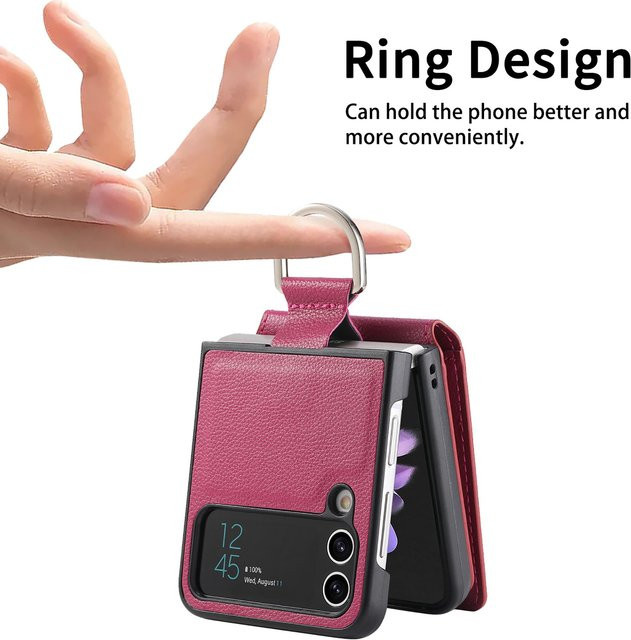 Samsung Galaxy Z Flip 3, 4, 5 5G Ledertasche mit Kartenhalter und Anti-Fall Fingerring in Pink - Bild 1