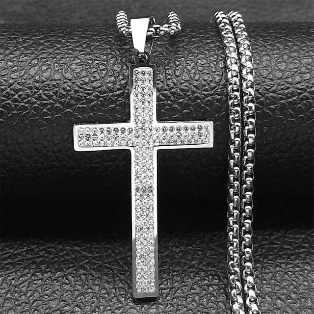 EREBUS Halskette mit Kreuz Anhänger, Edelstahl, Silber, Kristall, Unisex - Bild 1