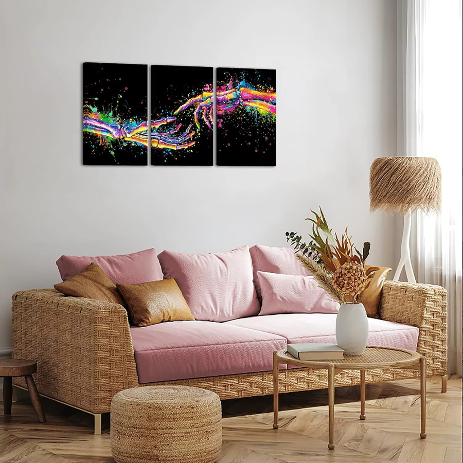 3-teiliges Gothic-Schädel-Leinwand-Wandkunst-Set von WJWANG in Bunt mit Graffiti-Skelett-Motiv für deine moderne Wanddekoration - Bild 2