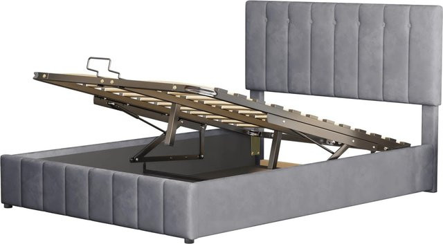 KOMHTOM Polsterbett mit hydraulischem Lift-up-Boden, Samt, Grau, B/T/H: 140 x 200 x 106 cm - Bild 1