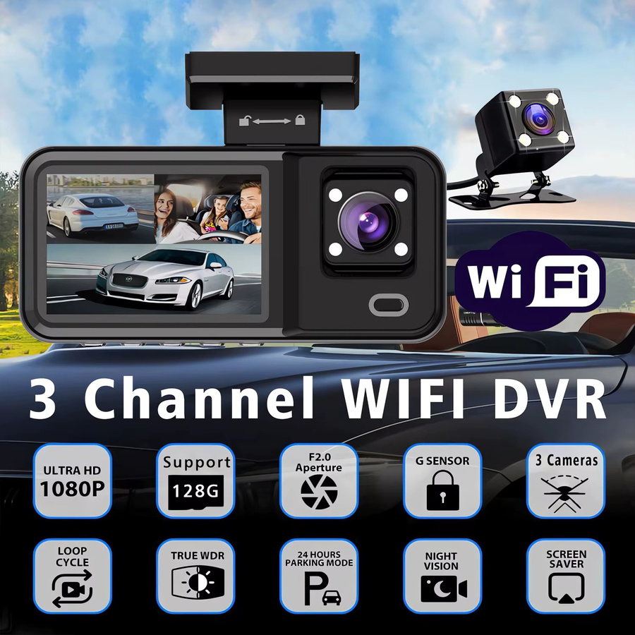 OLESED 3-Kanal Dashcam mit Wifi und Full HD 1080P, Dual-Linse Video Recorder für 24H Parküberwachung, Schwarz - Bild 4