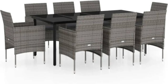 vidaXL 9-teilige Garten-Essgruppe aus PE-Rattan und pulverbeschichtetem Stahl mit Glasplatte und Kissen in Grau und Schwarz - Bild 1