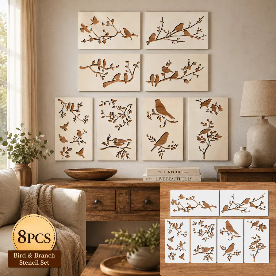 8 Stück Vogelzweig-Schablonen in Weiß, wiederverwendbare Natur-Malvorlagen für DIY-Wanddekoration aus Kunststoff, B/H: 12 x 20 cm - Bild 4