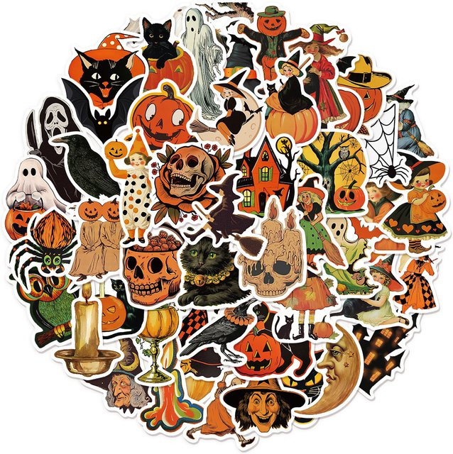 PickJoy Halloween Aufkleber Set mit Kürbis und Hexe, 50 Stück, Mehrfarbig - Bild 1