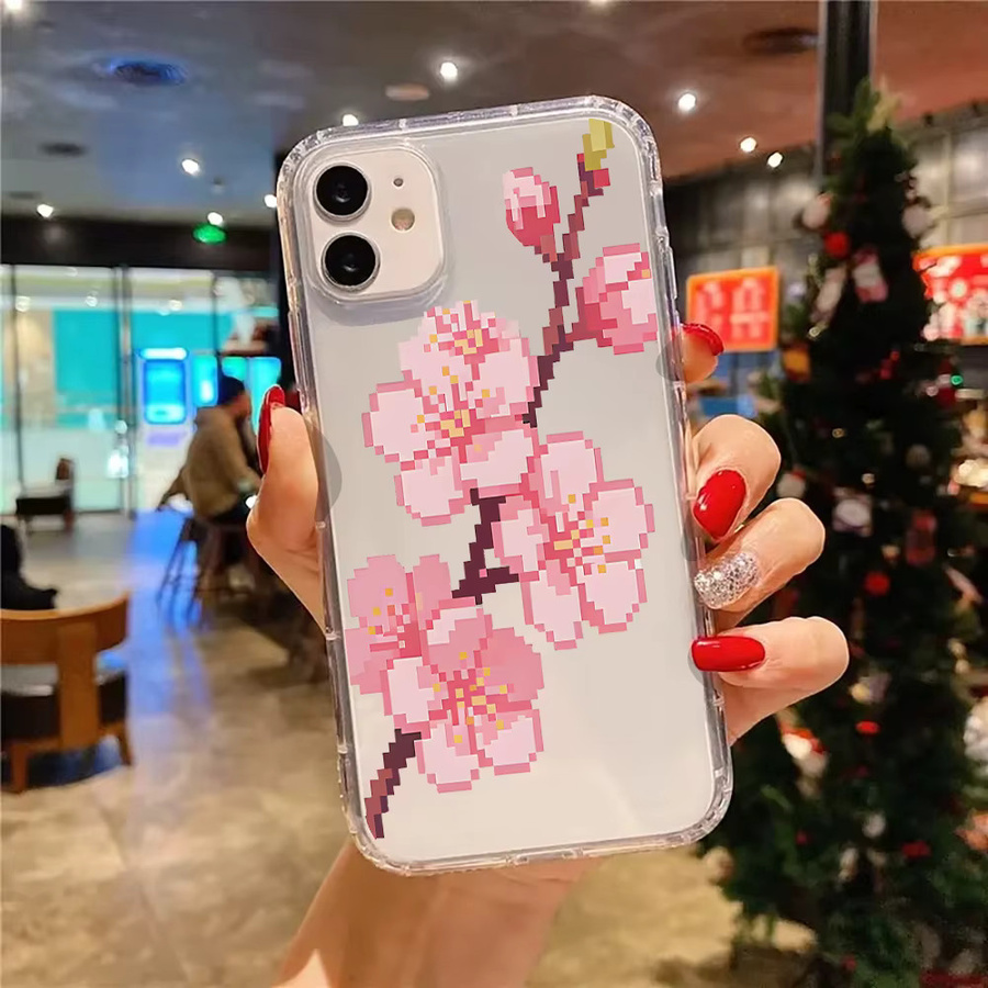 Transparente Silikonhülle mit Pixel-Art Kirschblütenmuster für iPhone 11 bis iPhone 17 Pro Max und weitere Modelle - Bild 2