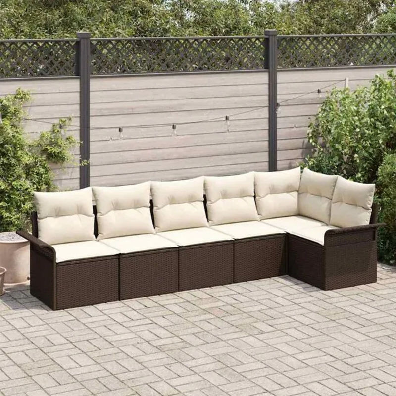 vidaxl Garten-Sofa-Set aus Poly-Rattan mit Kissen und integriertem Stauraum, 6-teilig, Braun/Beige - Bild 1