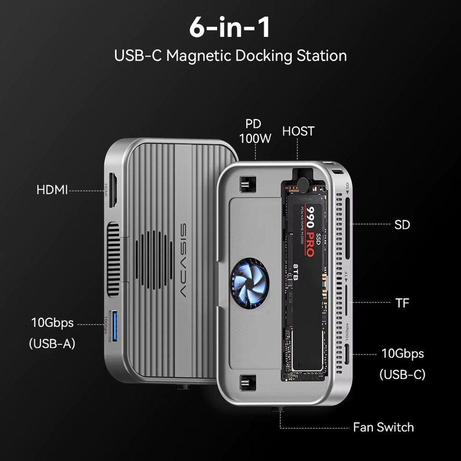 ACASIS M.2 NVMe SSD-Gehäuse Magnetische USB-C-Dockingstation mit Lüfter, 10 Gbit/s, Farbe: Silber - Bild 2