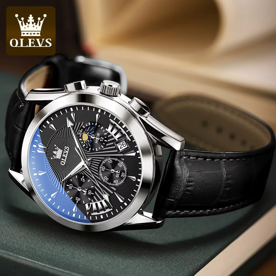 OLEVS Armbanduhr, Quarz, Chronograph, Leder, Silber, Herren - Bild 2