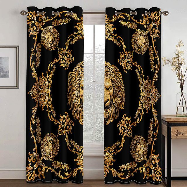 Moderne Vorhänge mit 3D-Goldstreifen von Your Warm Home, 2-teiliges Set, Schwarz-Gold, halbtransparent, B: 135 cm, H: 185 cm - Bild 1