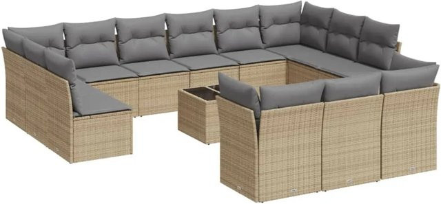 vidaXL 14-teilige Garten-Sofagarnitur aus Poly-Rattan in Beige-Grau mit Kissen und Stauraum - Bild 1