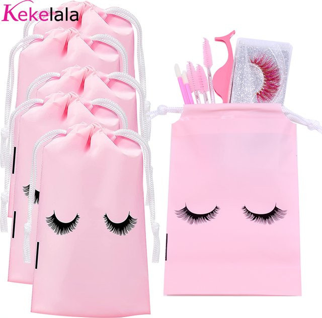 10 Stück kekelala Wimpern-Nachsorgebeutel mit Kordelzug aus Textil in Transparent und Pink - Bild 1