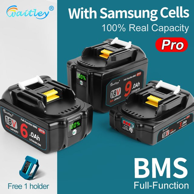 Waitley Battery Pro Akku für Makita 18V Elektrowerkzeuge mit Samsung-Zellen, Ersatz für BL1860, Schwarz, 3000 mAh - Bild 1