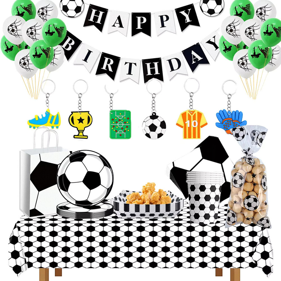 EsenTroye Fußball Party Dekoration Set mit Happy Birthday Banner, Tischgeschirr, Popcorn-Box und Geschenktüten aus Papier für Kinder - Bild 1