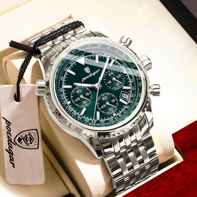 POEDAGAR Armbanduhr Chronograph, Quarz, Edelstahl, Grün, Herren - Bild 1